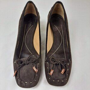 Kate Spade Size 7M Brown Suede Loafers Kitten Heel Square Toe Bow on Top